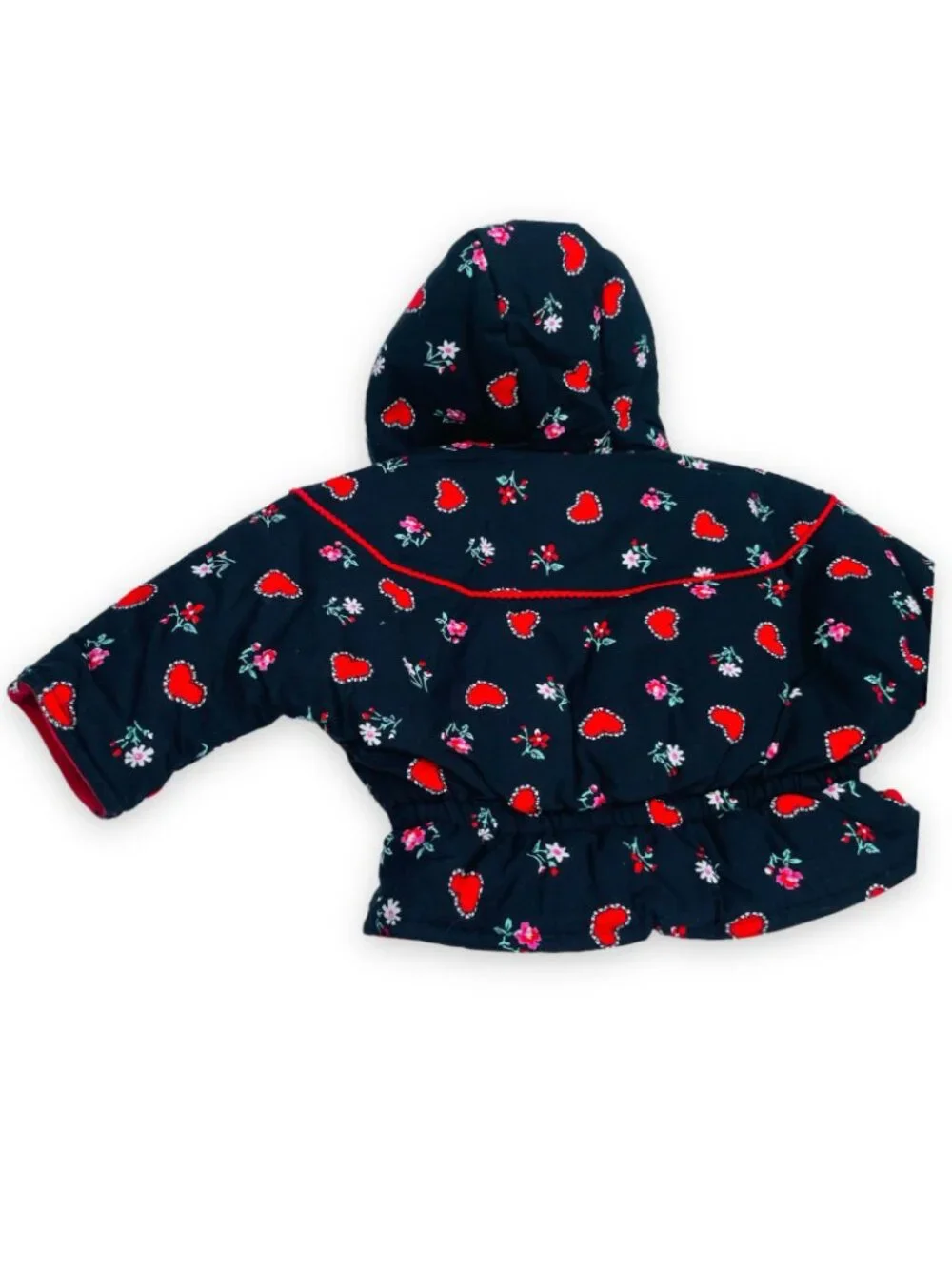 Vintage Baby Girls Black + Red Heart + Floral Print Winter Puffer Coat 12m
